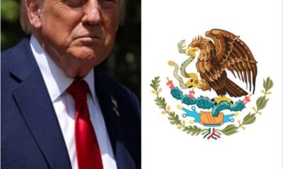 Donald Trump junto al escudo nacional mexicano en contexto de declaraciones sobre narcotráfico
