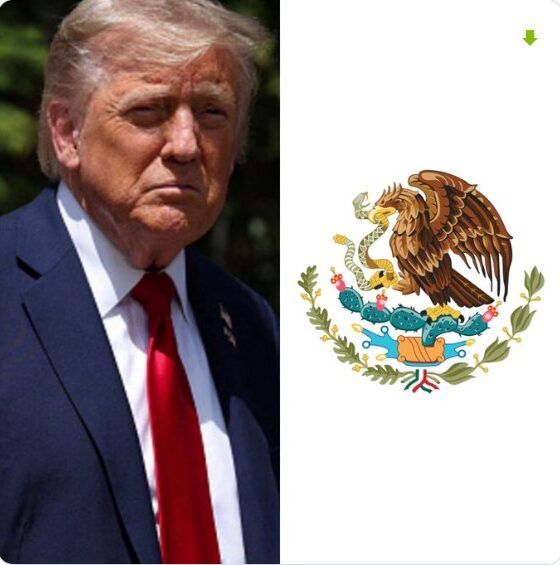 Donald Trump junto al escudo nacional mexicano en contexto de declaraciones sobre narcotráfico