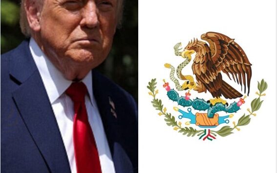 Donald Trump junto al escudo nacional mexicano en contexto de declaraciones sobre narcotráfico