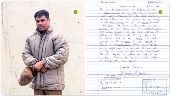 Joaquín Guzmán Loera junto a documento judicial relacionado con solicitud de extradición
