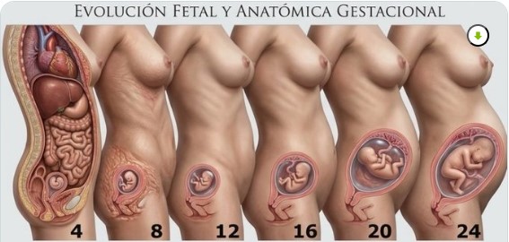 Ilustración de evolución fetal y cambios anatómicos durante las 40 semanas de embarazo