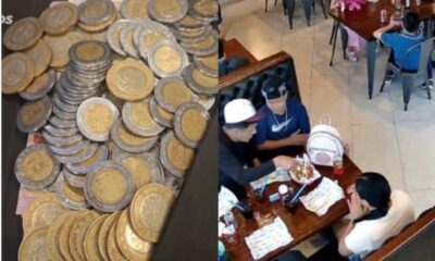 Monedas utilizadas por joven para pagar comida del Día de las Madres en restaurante