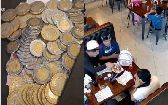 Monedas utilizadas por joven para pagar comida del Día de las Madres en restaurante