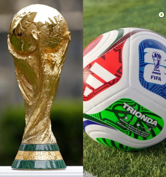 Trofeo oficial de la Copa Mundial FIFA junto al balón oficial del Mundial 2026