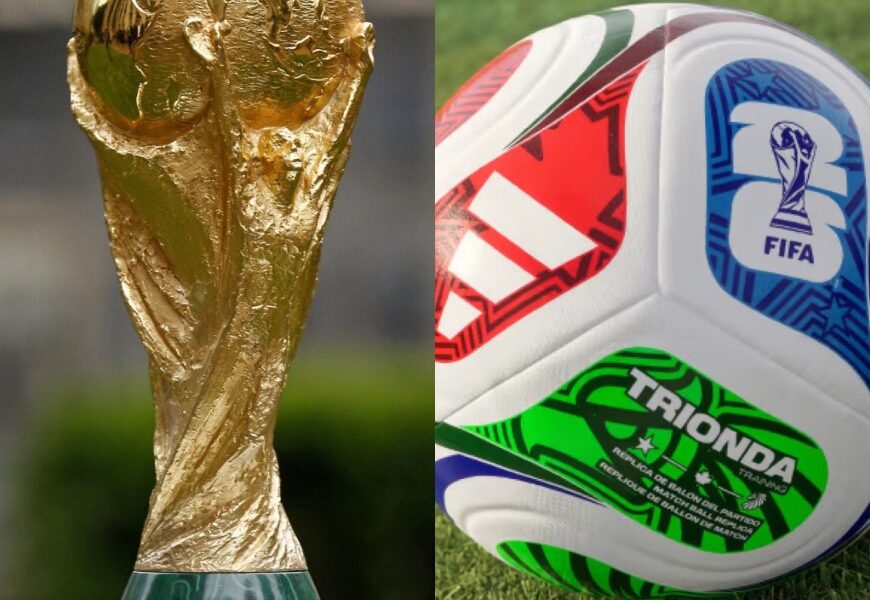 Trofeo oficial de la Copa Mundial FIFA junto al balón oficial del Mundial 2026