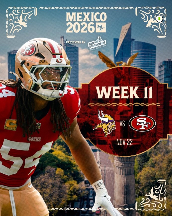 Promocional del juego NFL 2026 entre 49ers y Vikings en Ciudad de México