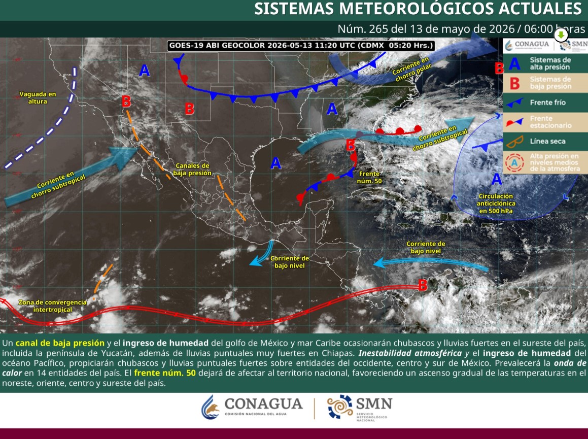 Mapa meteorológico de México con pronóstico de lluvias y calor para Puebla