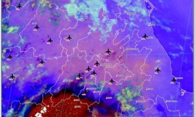 Mapa satelital GOES-19 mostrando lluvias, nubosidad y actividad atmosférica sobre Puebla, Atlixco, Mixteca y centro de México durante la madrugada del 14 de mayo de 2026.