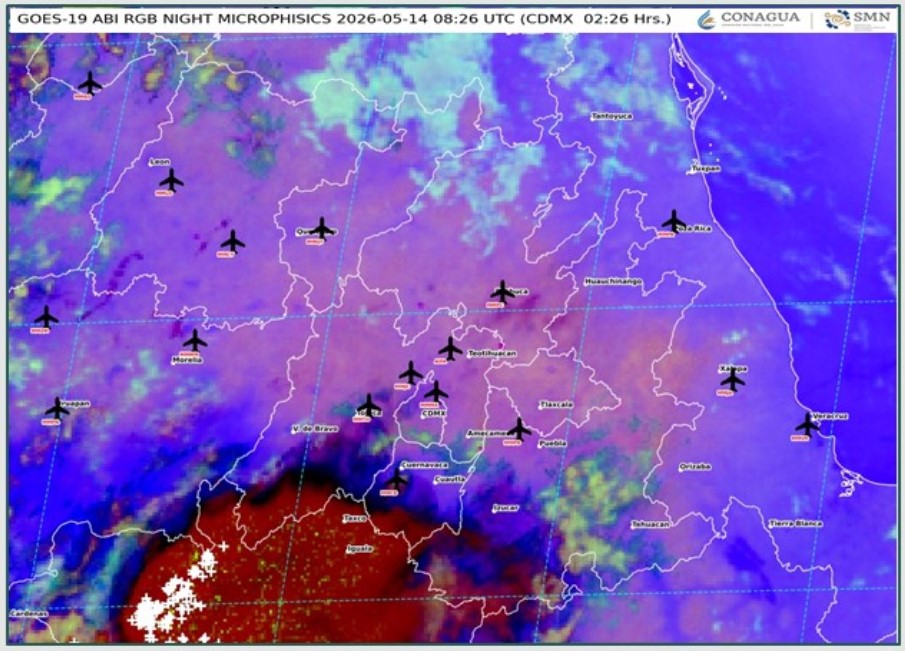 Mapa satelital GOES-19 mostrando lluvias, nubosidad y actividad atmosférica sobre Puebla, Atlixco, Mixteca y centro de México durante la madrugada del 14 de mayo de 2026.