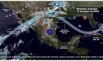 Mapa meteorológico de México mostrando sistemas atmosféricos, nubosidad y pronóstico climático para el 15 de mayo de 2026.