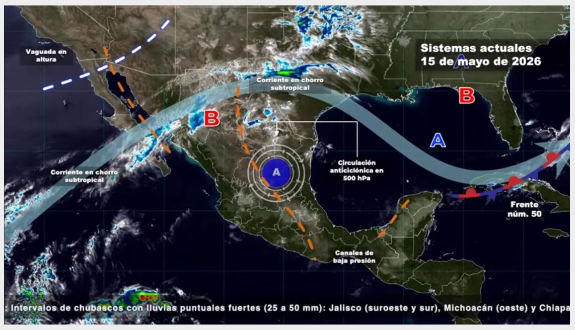 Mapa meteorológico de México mostrando sistemas atmosféricos, nubosidad y pronóstico climático para el 15 de mayo de 2026.