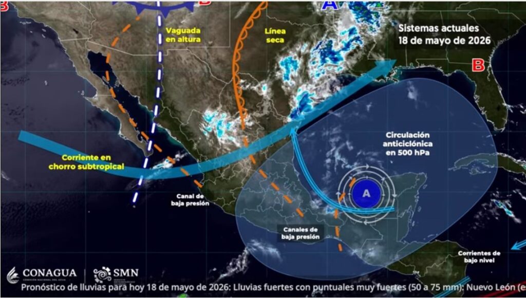 Mapa meteorológico de CONAGUA y SMN mostrando tormentas y sistemas atmosféricos activos sobre Puebla y centro de México.