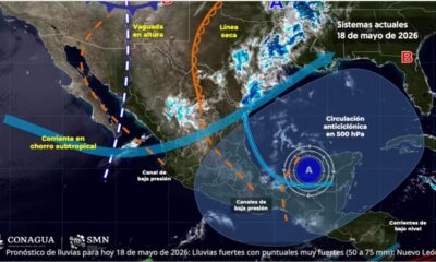 Mapa meteorológico de CONAGUA y SMN mostrando tormentas y sistemas atmosféricos activos sobre Puebla y centro de México.
