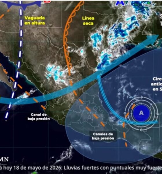 Mapa meteorológico de CONAGUA y SMN mostrando tormentas y sistemas atmosféricos activos sobre Puebla y centro de México.