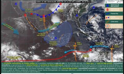 Mapa meteorológico de CONAGUA mostrando calor extremo, lluvias y sistemas atmosféricos activos sobre México.