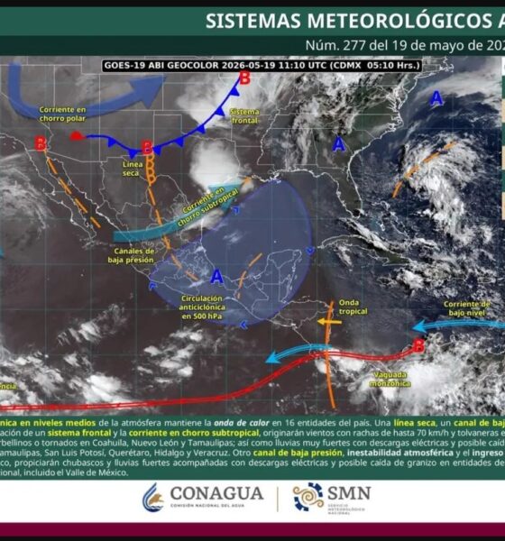 Mapa meteorológico de CONAGUA mostrando calor extremo, lluvias y sistemas atmosféricos activos sobre México.