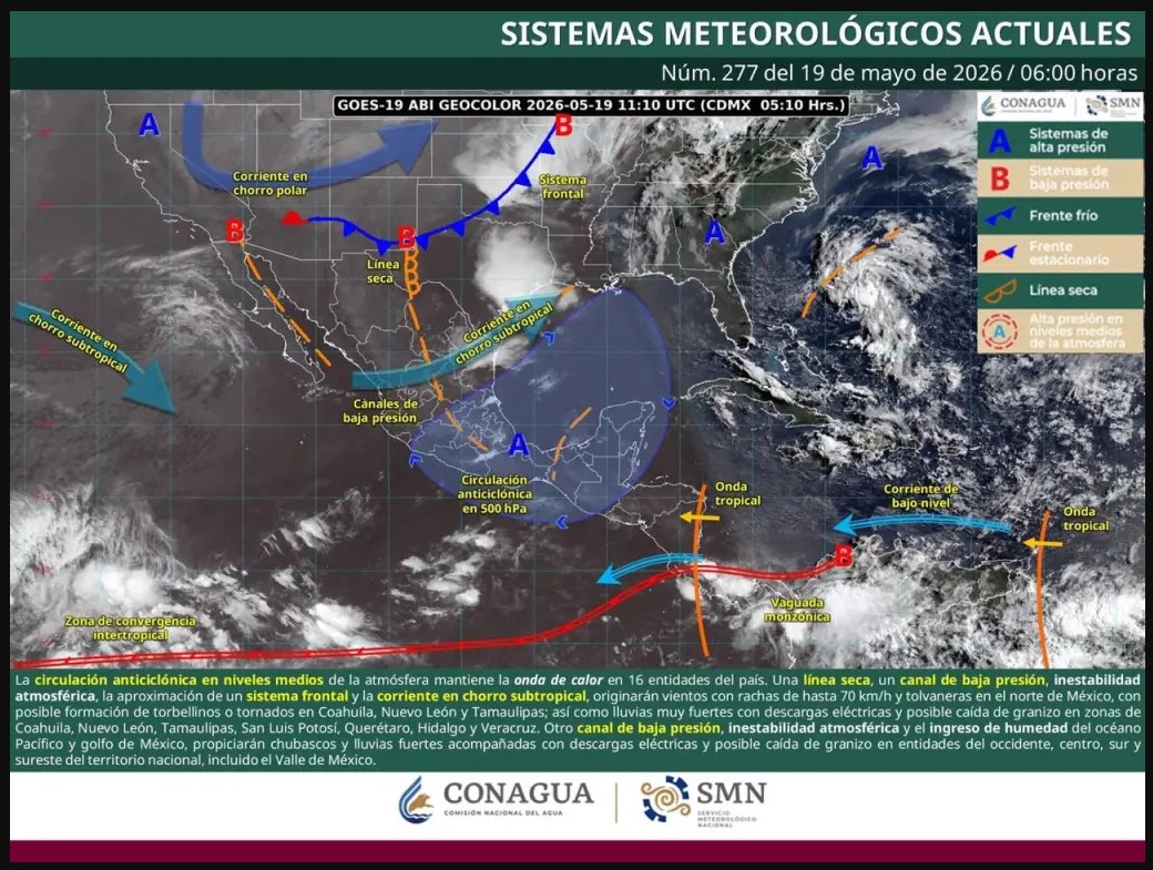 Mapa meteorológico de CONAGUA mostrando calor extremo, lluvias y sistemas atmosféricos activos sobre México.