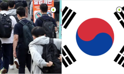 Estudiantes en Corea del Sur y bandera nacional en debate sobre bullying escolar.