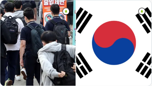 Estudiantes en Corea del Sur y bandera nacional en debate sobre bullying escolar.