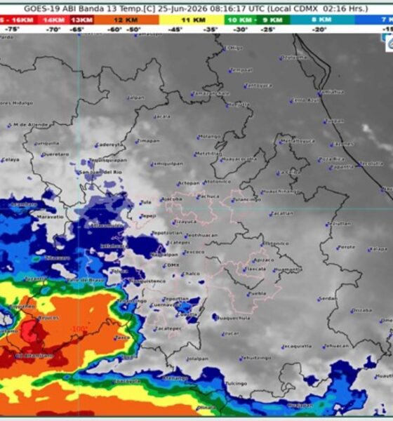 Pronóstico del clima para el 25 de junio de 2026 emitido por CONAGUA y el Servicio Meteorológico Nacional, con lluvias aisladas en Puebla, temperaturas de hasta 35 °C en el estado y rachas de viento de hasta 50 km/h en el centro de México.