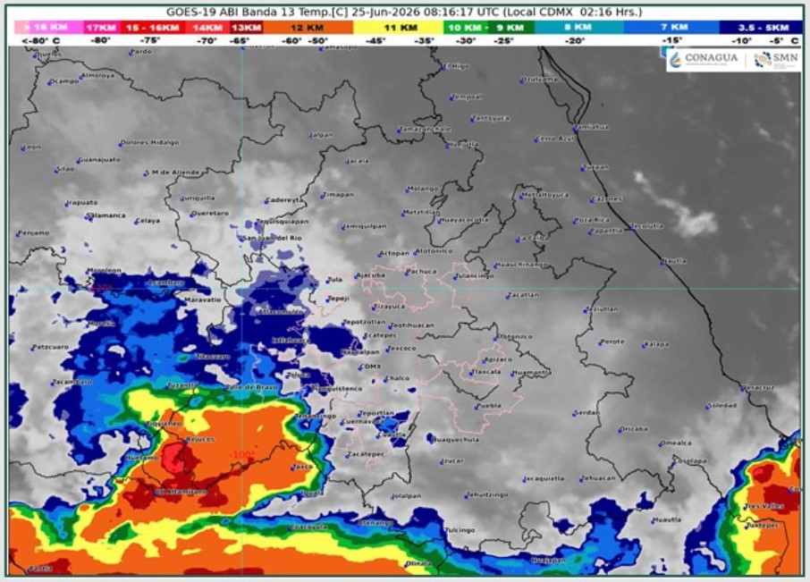Pronóstico del clima para el 25 de junio de 2026 emitido por CONAGUA y el Servicio Meteorológico Nacional, con lluvias aisladas en Puebla, temperaturas de hasta 35 °C en el estado y rachas de viento de hasta 50 km/h en el centro de México.
