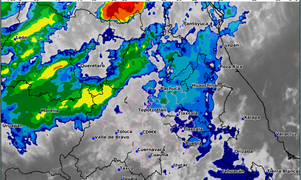 Mapa satelital GOES-19 muestra lluvias fuertes y nubosidad sobre Puebla, Atlixco, Angelópolis y el centro de México durante el 16 de junio de 2026.
