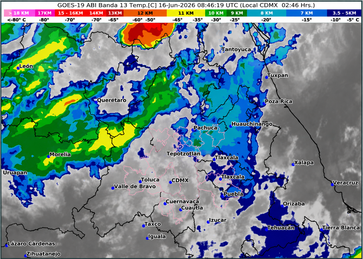 Mapa satelital GOES-19 muestra lluvias fuertes y nubosidad sobre Puebla, Atlixco, Angelópolis y el centro de México durante el 16 de junio de 2026.