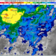 Imagen satelital GOES-19 que muestra nubosidad y áreas de lluvia sobre Puebla, destacando el Valle de Atlixco con pronóstico de precipitaciones moderadas a fuertes.
