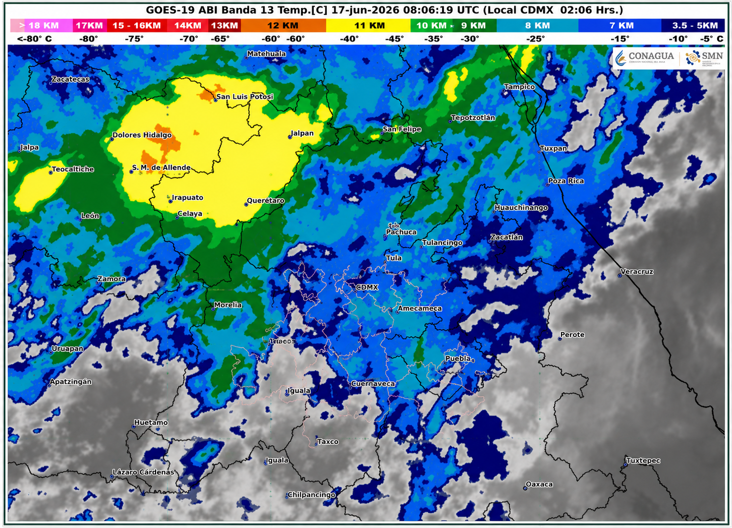 Imagen satelital GOES-19 que muestra nubosidad y áreas de lluvia sobre Puebla, destacando el Valle de Atlixco con pronóstico de precipitaciones moderadas a fuertes.