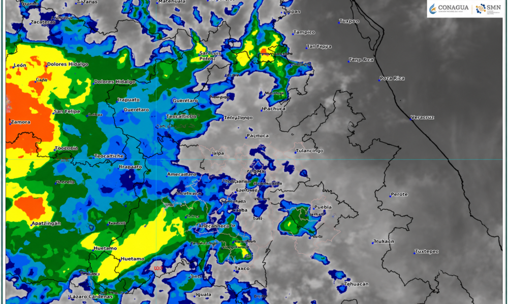 Mapa satelital GOES-19 mostrando lluvias moderadas a fuertes sobre Puebla, Valle de Atlixco, Angelópolis y Mixteca durante el 19 de junio de 2026.