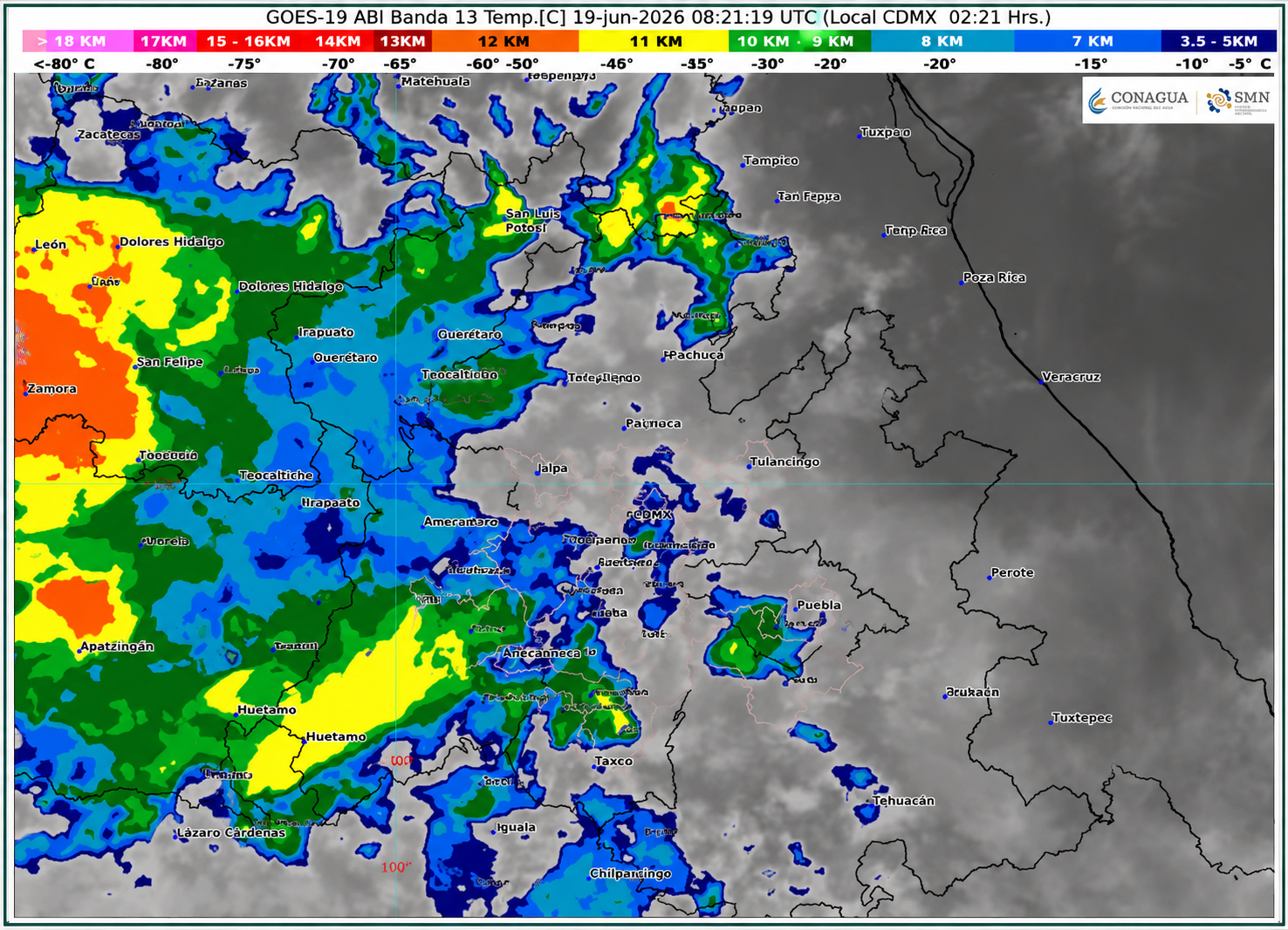 Mapa satelital GOES-19 mostrando lluvias moderadas a fuertes sobre Puebla, Valle de Atlixco, Angelópolis y Mixteca durante el 19 de junio de 2026.