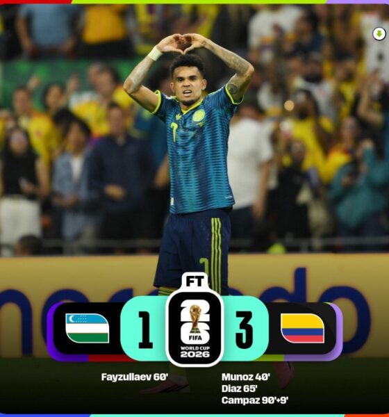 Jugador colombiano celebra la victoria 3-1 sobre Uzbekistán durante el Mundial FIFA 2026.