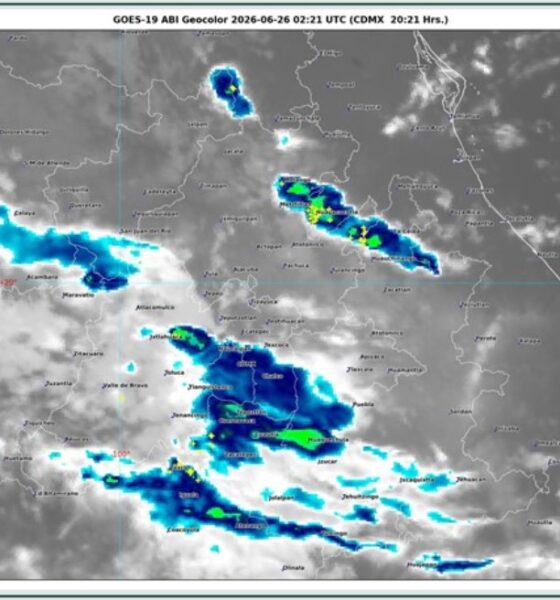 Imagen satelital GOES-19 del Servicio Meteorológico Nacional que muestra la presencia de nubosidad asociada a la onda tropical número 12 sobre el centro de México, con pronóstico de lluvias para Puebla, el Valle de Atlixco-Matamoros y otras regiones del país durante el 26 de junio de 2026.
