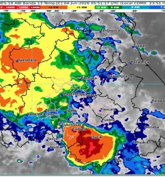 Imagen satelital meteorológica que muestra tormentas, lluvias y actividad eléctrica sobre Puebla, Valle de Atlixco, Angelópolis y Mixteca durante junio de 2026.