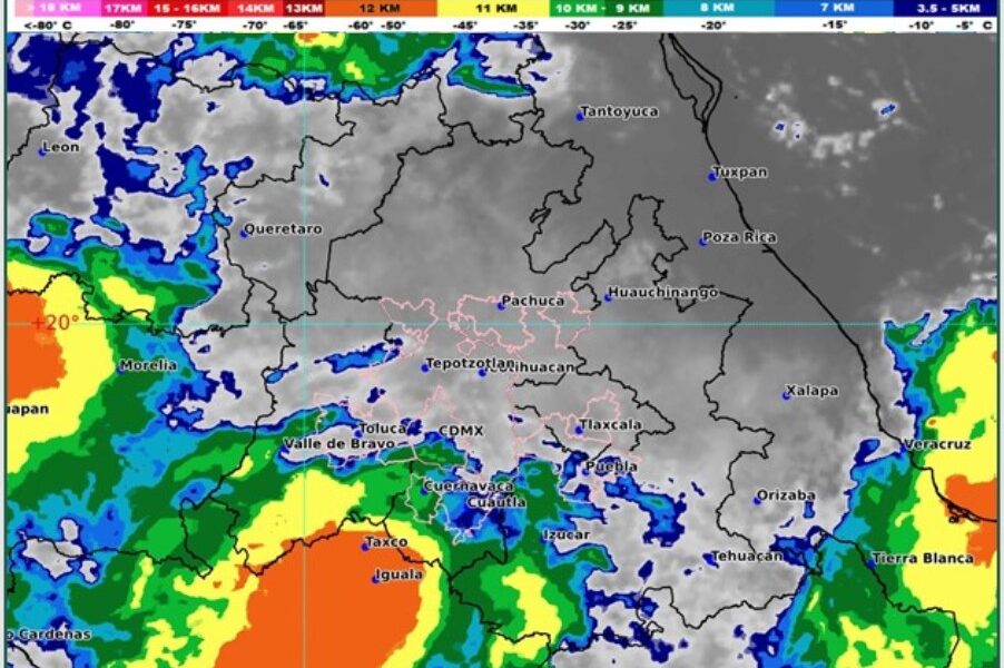 Mapa meteorológico nacional con pronóstico de lluvias para Puebla y el Valle de Atlixco.