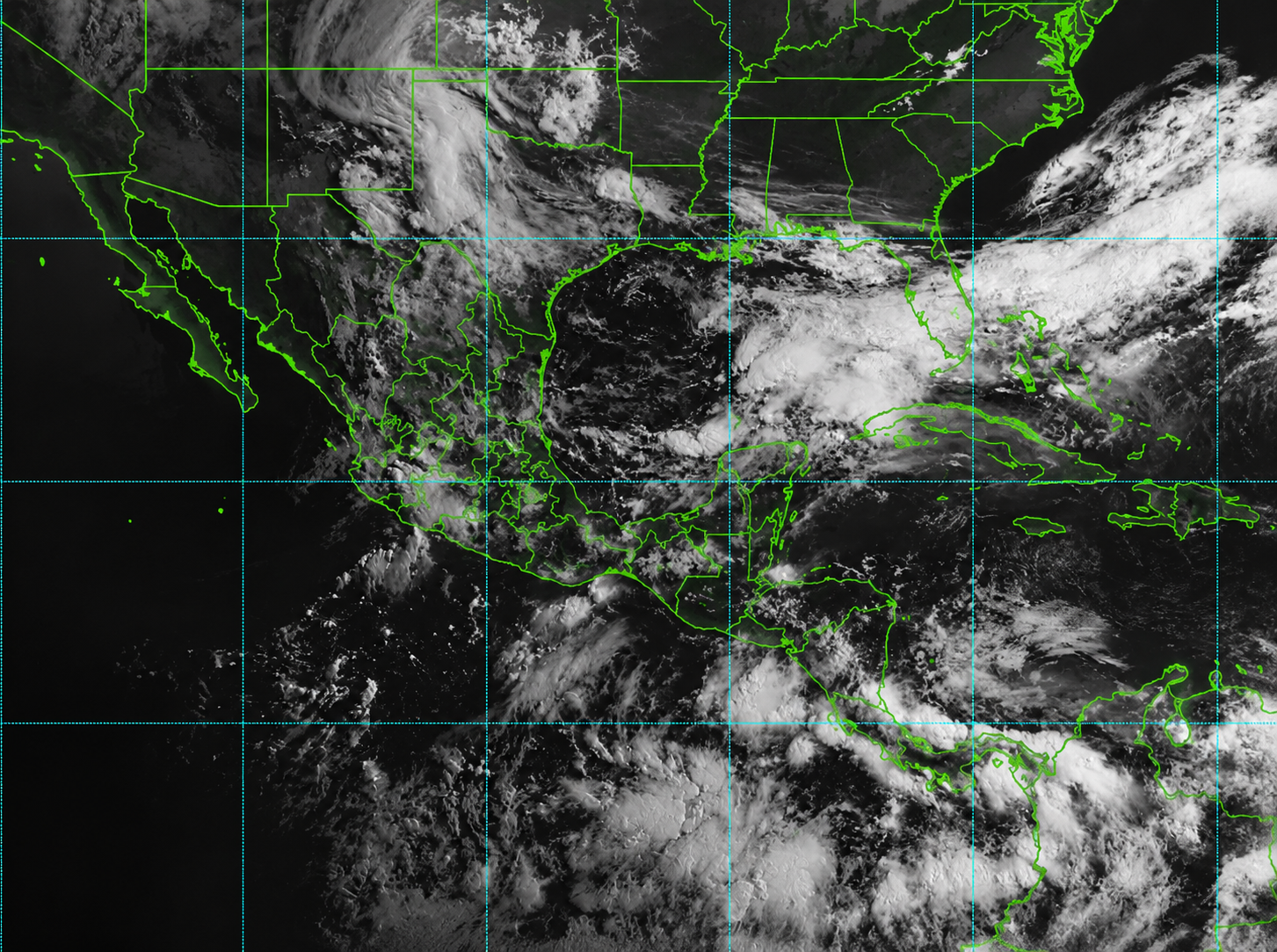 Imagen satelital GOES-19 muestra amplia cobertura nubosa sobre México y Puebla con pronóstico de lluvias fuertes, tormentas eléctricas y posible granizo en Atlixco, Mixteca y Angelópolis.