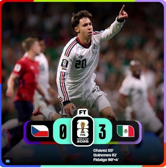 Jugador de la Selección Mexicana celebra el primer gol durante la victoria 3-0 frente a Chequia en la fase de grupos de la Copa Mundial de la FIFA 2026. México consiguió su tercer triunfo consecutivo y avanzó como líder invicto del Grupo A a los dieciseisavos de final.