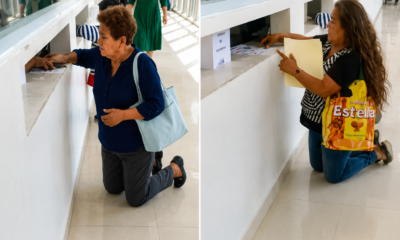 Derechohabiente del IMSS realiza trámite arrodillada frente a una ventanilla de atención en hospital de Tapachula, Chiapas, generando debate sobre accesibilidad y trato digno.