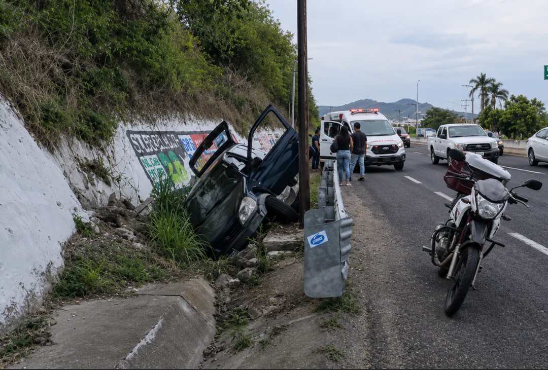 Automóvil accidentado dentro de una zanja en la carretera federal Puebla–Atlixco a la altura del kilómetro 28, mientras paramédicos atienden a una familia lesionada.
