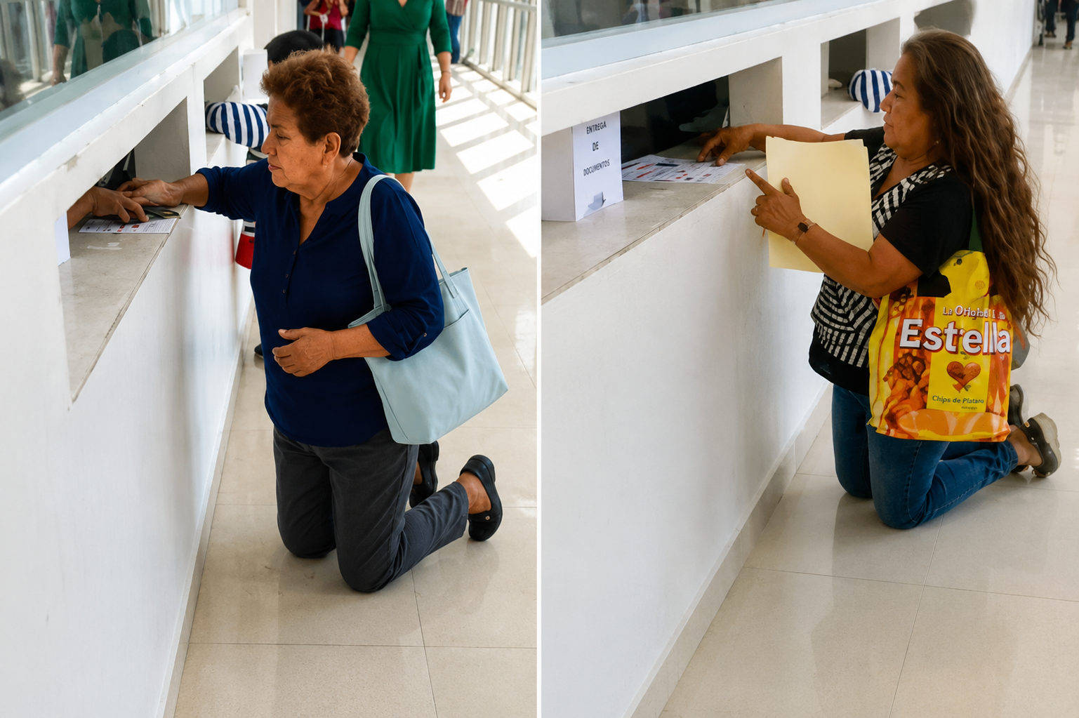 Derechohabiente del IMSS realiza trámite arrodillada frente a una ventanilla de atención en hospital de Tapachula, Chiapas, generando debate sobre accesibilidad y trato digno.