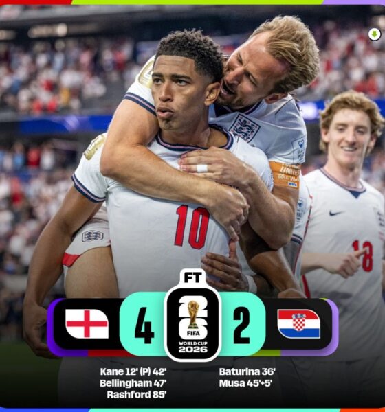 Jugadores de Inglaterra celebran la victoria 4-2 sobre Croacia durante el Mundial FIFA 2026.