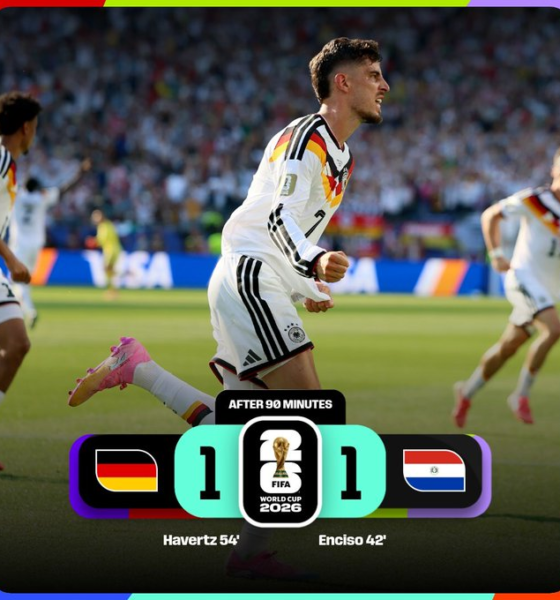 Kai Havertz celebra el gol del empate de Alemania frente a Paraguay durante la fase de eliminación directa de la Copa Mundial de la FIFA 2026, resultado que llevó el encuentro a tiempos extra.