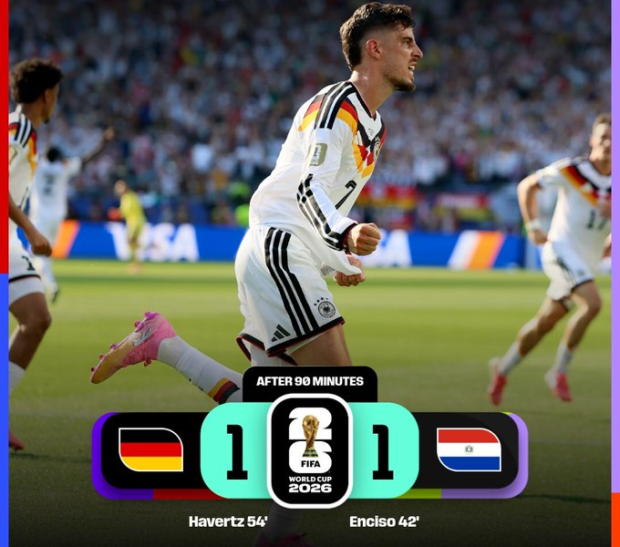 Kai Havertz celebra el gol del empate de Alemania frente a Paraguay durante la fase de eliminación directa de la Copa Mundial de la FIFA 2026, resultado que llevó el encuentro a tiempos extra.