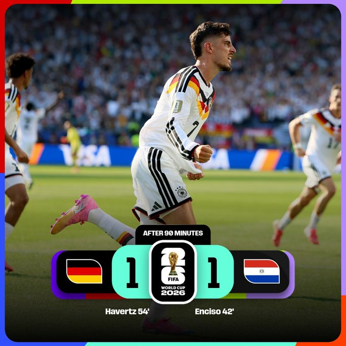 Kai Havertz celebra el gol del empate de Alemania frente a Paraguay durante la fase de eliminación directa de la Copa Mundial de la FIFA 2026, resultado que llevó el encuentro a tiempos extra.