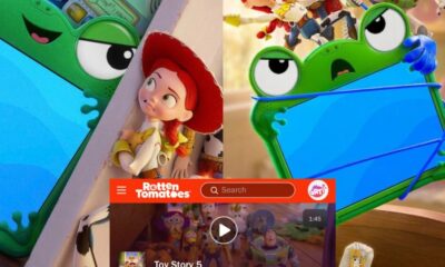 Imagen promocional de Toy Story 5 donde Woody, Buzz Lightyear, Jessie y otros personajes observan un teléfono inteligente, mientras Rotten Tomatoes muestra una aprobación del 92%.