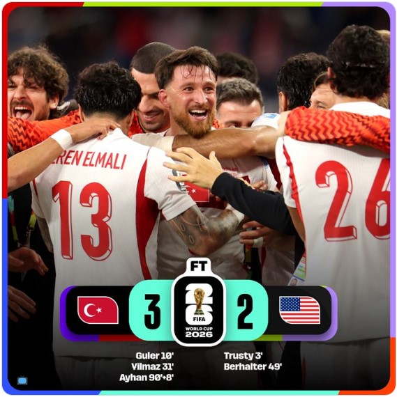Jugadores de la Selección de Türkiye celebran la victoria por 3-2 sobre Estados Unidos durante el último partido del Grupo D de la Copa Mundial de la FIFA 2026, disputado en Los Ángeles, California.