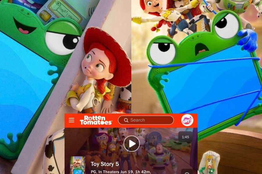 Imagen promocional de Toy Story 5 donde Woody, Buzz Lightyear, Jessie y otros personajes observan un teléfono inteligente, mientras Rotten Tomatoes muestra una aprobación del 92%.