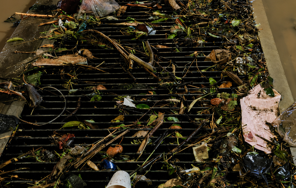 Basura acumulada en alcantarilla de Atlixco tras las fuertes lluvias registradas durante la noche.