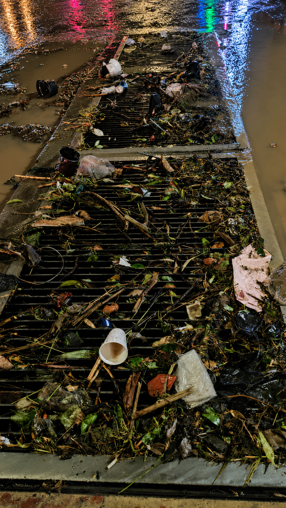 Basura acumulada en alcantarilla de Atlixco tras las fuertes lluvias registradas durante la noche.