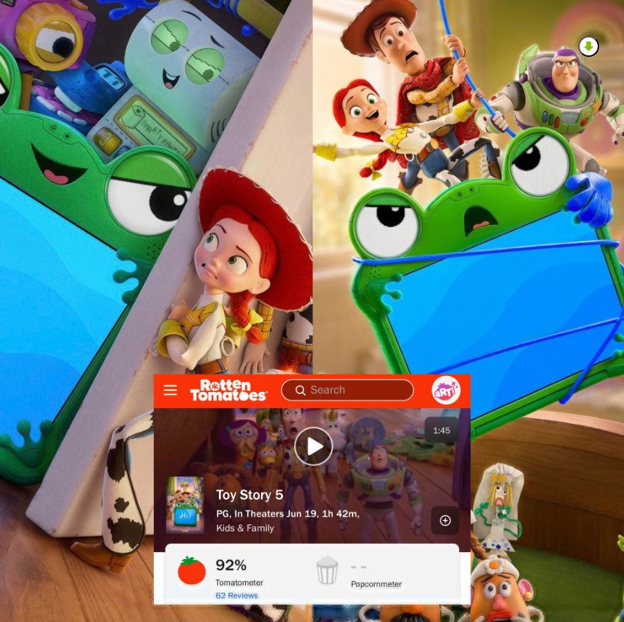 Imagen promocional de Toy Story 5 donde Woody, Buzz Lightyear, Jessie y otros personajes observan un teléfono inteligente, mientras Rotten Tomatoes muestra una aprobación del 92%.